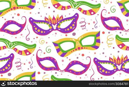 Seamless festive pattern with masks, confetti, ribbon on white background. Flat hand drawn holiday backdrop. Vector texture on the Mardi Gras holiday for your creativity. Seamless festive pattern with masks, confetti, ribbon on white background. Flat hand drawn holiday backdrop. Vector texture