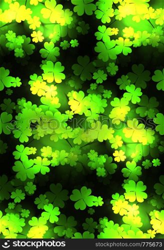 Seamless festive texture with a happy four-leaf clover, sparks and blurred bokeh. Vector pattern for your creativity. Seamless festive texture with a happy four-leaf clover