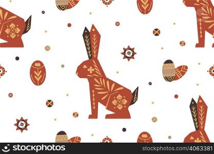 Seamless festive vector pattern with hares and easter eggs with folk art on white background. Scandinavian texture with bunnies and polka dots. Geometric animal fabric swatch. Seamless festive vector pattern with hares and easter eggs with folk art on white background. Scandinavian texture with bunnies and polka dots.