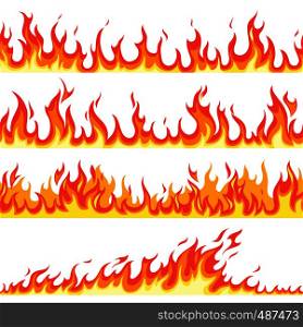 Seamless fire flame. Fires flaming pattern, flammable line blaze hot temperature, gas blazing wallpaper cartoon vector firewall textured frames set. Seamless fire flame. Fires flaming pattern, flammable line blaze hot temperature, gas blazing wallpaper cartoon vector textured frames