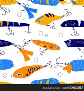 Seamless fishing bait pattern. Angling hobby accessories, plastic color elements, vintage lure with sharp hooks, blue and orange fishes on white background. Decor textile, wrapping paper, vector print. Seamless fishing bait pattern. Angling hobby accessories, plastic color elements, vintage lure with sharp hooks, blue and orange fishes on white background. Decor textile, vector print
