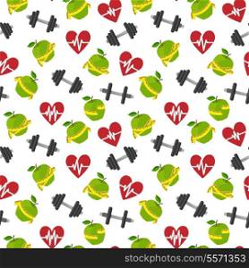 Seamless fitness healthy lifestyle pattern background with heart apple barbells vector illustration