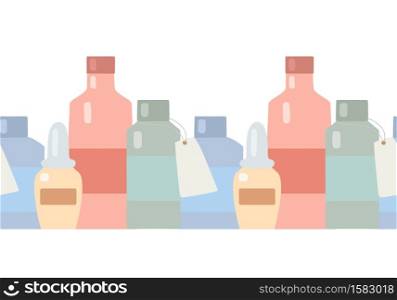 Seamless flat border with medicine bottles and potions in a row on a white background. Ointments and balms. Vector texture for frame, backgrounds and your creativity.. Seamless flat border with medicine bottles and potions in a row on a white background. Ointments and balms. Vector texture