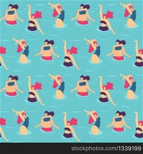 Seamless Flat Cartoon Pattern Active Woman Dancing Doing Exercise Water Gymnastics Pool Party Summer Activities Outdoors Entertainment Holidays Vector Design Illustration Positive Body Texture. Seamless Flat Pattern Active Woman Pool Party