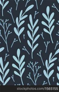 Seamless flat hand drawn pattern with blue branches, leaves and sticks on dark background. Vector rustic texture for wallpaper, fabrics and your creativity.. Seamless flat hand drawn pattern with blue branches, leaves and sticks on dark background. Vector rustic texture