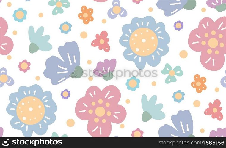 Seamless flat hand drawn pattern with various flowers and petals on white background. Gentle natural pattern. Vector rustic spring texture for fabrics, wallpapers and your creativity.. Seamless flat hand drawn pattern with various flowers and petals on white background. Gentle natural pattern. Vector rustic spring texture