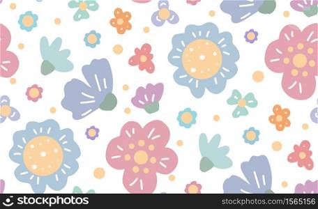 Seamless flat hand drawn pattern with various flowers and petals on white background. Gentle natural pattern. Vector rustic spring texture for fabrics, wallpapers and your creativity.. Seamless flat hand drawn pattern with various flowers and petals on white background. Gentle natural pattern. Vector rustic spring texture