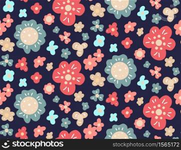 Seamless flat hand drawn pattern with various simple flowers on a dark background. Vector floral cute texture for fabrics, backgrounds and your creativity.. Seamless flat hand drawn pattern with various simple flowers on a dark background. Vector floral cute texture