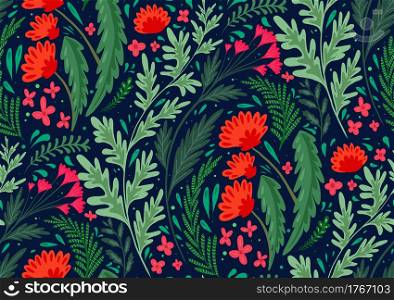 Seamless flat natural pattern with herbs and flowers of the fields on blue background. Wallpaper with poppy, wormwood, fennel and buttercups. Fabric with plants. Vector background with steppe flora. Seamless flat natural pattern with herbs and flowers of the fields on blue background. Wallpaper with poppy, wormwood, fennel and buttercups. Fabric with plants. Vector background