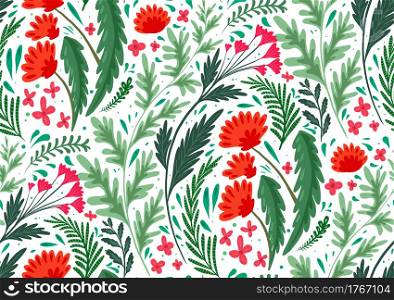 Seamless flat natural pattern with herbs and flowers of the fields on white background. Wallpaper with poppy, wormwood, fennel and buttercups. Fabric with plants. Vector background with steppe flora. Seamless flat natural pattern with herbs and flowers of the fields on white background. Wallpaper with poppy, wormwood, fennel and buttercups. Fabric with plants. Vector background