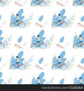 Seamless Flat Pattern with Boy Riding Bicycle. Vector Cartoon with Plants Foliage Design. Cycling Child Repeat Illustration. Active Rest and Recreation on Summer. Creative Childish Background. Seamless Flat Pattern with Boy Riding Bicycle