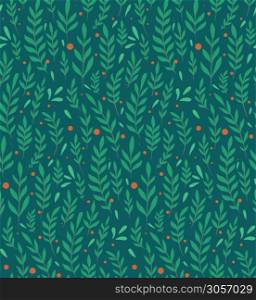 Seamless flat pattern with branches, leaves and berries on a dark green background. Natural simple floral backdrop. Natural tapestry wallpaper. Vector texture for fabric, pattern and your creativity.. Seamless flat pattern with branches, leaves and berries on a dark green background. Natural simple floral backdrop. Natural tapestry wallpaper. Vector texture