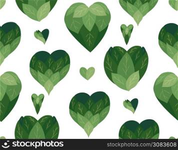 Seamless flat pattern with doodle hearts from leaves on a white background. Natural love. Save nature. Vector eco texture for wallpapers, fabrics and your creativity.. Seamless flat pattern with doodle hearts from leaves on a white background. Natural love. Save nature. Vector eco texture