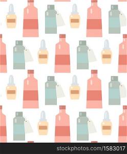 Seamless flat pattern with medicine bottles and potions in a row on a white background. Ointments and balms. Vector texture for fabrics, backgrounds and your creativity.. Seamless flat pattern with medicine bottles and potions in a row on a white background. Ointments and balms. Vector texture