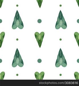 Seamless flat pattern with simple hearts from leaves with dots in row on white background. Love of nature. Vector natural texture for wallpapers, fabrics and your creativity.. Seamless flat pattern with simple hearts from leaves with dots in row on white background. Love of nature. Vector natural texture