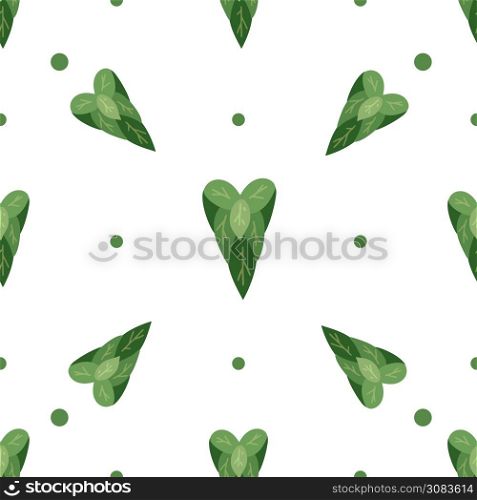 Seamless flat pattern with simple hearts from leaves with dots on white background. Love of nature. Vector natural texture for wallpapers, fabrics and your creativity.. Seamless flat pattern with simple hearts from leaves with dots on white background. Love of nature. Vector natural texture