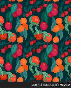Seamless flat texture with cherries, peaches, plums on branches with foliage on dark green background. Cartoon pattern with berries. Wallpaper with fruits and bushes. Vector natural gardening fabric. Seamless flat texture with cherries, peaches, plums on branches with foliage on dark green background. Cartoon pattern with berries. Wallpaper with fruits and bushes.