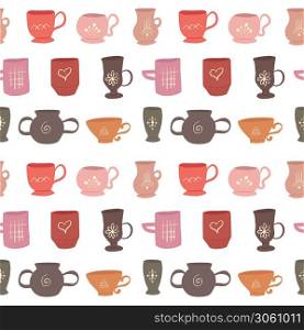 Seamless flat texture with cups, mugs and mystical drawing. Vector doodle pattern for wallpapers, backgrounds, recipes and your creativity.. Seamless flat texture with cups, mugs and mystical drawing. Vector doodle pattern