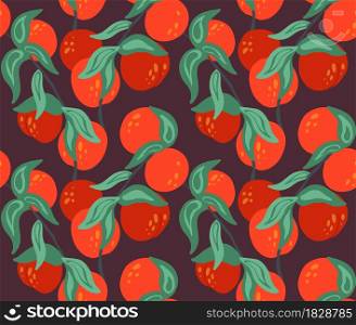 Seamless flat texture with nectarines on branches with foliage on dark background. Cartoon pattern with apricot. Hand drawn wallpaper with fruits. Vector natural fabric with berries with stems.. Seamless flat texture with nectarines on branches with foliage on dark background. Cartoon pattern with apricot. Hand drawn wallpaper with fruits. Vector natural fabric