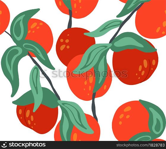Seamless flat texture with nectarines on branches with foliage on white background. Cartoon pattern with apricot. Hand-drawn wallpaper with fruits. Vector natural fabric with berries with stems.. Seamless flat texture with nectarines on branches with foliage on white background. Cartoon pattern with apricot. Hand-drawn wallpaper with fruits. Vector natural fabric