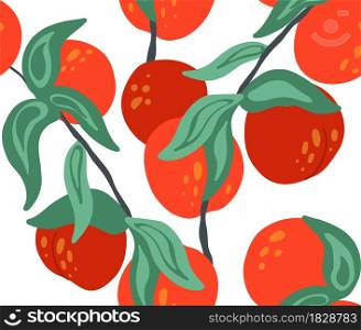 Seamless flat texture with nectarines on branches with foliage on white background. Cartoon pattern with apricot. Hand-drawn wallpaper with fruits. Vector natural fabric with berries with stems.. Seamless flat texture with nectarines on branches with foliage on white background. Cartoon pattern with apricot. Hand-drawn wallpaper with fruits. Vector natural fabric