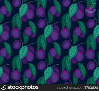 Seamless flat texture with plums on branches with foliage on dark background. Cartoon pattern with fruits on stems at night. Hand-drawn wallpaper with interweaving berries. Vector natural fabric. Seamless flat texture with plums on branches with foliage on dark background. Cartoon pattern with fruits on stems at night. Hand-drawn wallpaper with interweaving berries.