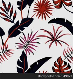 Seamless flat vector composition of tropical leaves abstract color beach wallpaper white background