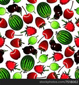 Seamless flavorful berries pattern background with forest strawberries and raspberries, sweet cherries and black currants, green striped watermelons and gooseberries. Greengrocery market or kitchen interior design usage. Seamless forest berries and garden fruits pattern