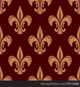 Seamless fleur-de-lis floral pattern with victorian royal beige lilies on red background. May be used as wallpaper, interior or textile design. Seamless victorian royal fleur-de-lis pattern
