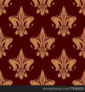 Seamless fleur-de-lis pattern with elegant pale orange leaves compositions of french royal lily over red background. May be use as vintage wallpaper or textile design. Beige and maroon royal floral pattern