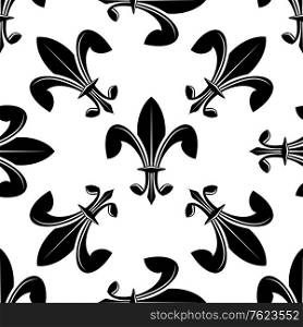 Seamless fleur de lys pattern in black and white with the motifs scattered in random orientations, square format suitable for tiles, wallpaper and fabric