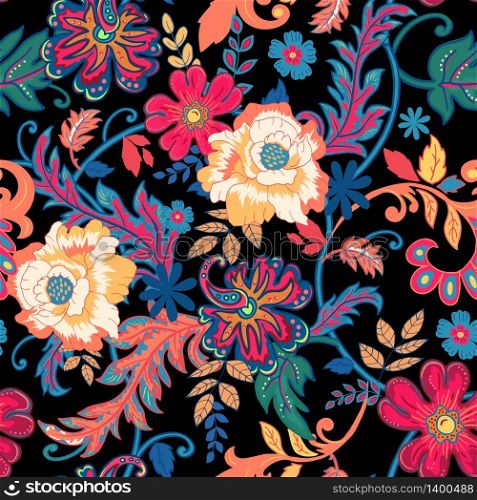 Seamless floral background.Colorful flowers and leafs on black background. Vector illustration.. Seamless floral background.Colorful flowers and leafs on black b