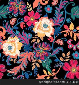 Seamless floral background.Colorful flowers and leafs on black background. Vector illustration.. Seamless floral background.Colorful flowers and leafs on black b