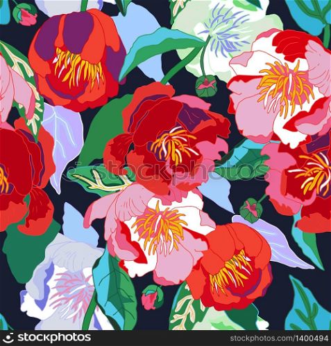 Seamless floral background. Isolated red flowers and leafs on black background. Vector illustration.. Seamless floral background. Isolated red flowers and leafs on b