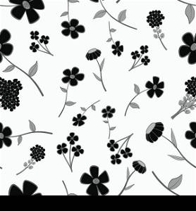 Seamless floral background - monochromatic hand-drawn flowers on a white backdrop. EPS 10 vector, swatch included.