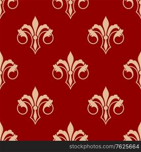 Seamless floral elegant fleur-de-lis royal gold lily pattern in antique style motif, yellow flowers over red background. Suitable for wallpaper, tiles and fabric design