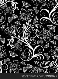 Seamless floral ornate pattern with butterflies