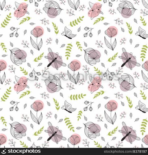 Seamless floral pattern. Doodle flowers and butterflies on white background. Summer background with dragonfly for sewing women clothing. Printing on textiles and packaging paper.