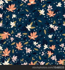 Seamless Floral Pattern. Fashion textile pattern with decorative leaves, flowers and branches in dust colors on dark blue background. Vector illustration. Seamless Floral Pattern. Fashion textile pattern with decorative leaves, flowers and branches. Vector illustration.