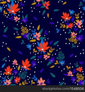 Seamless Floral Pattern. Fashion textile pattern with decorative little flowers and leaves on midnight blue background. Vector illustration. Seamless Floral Pattern. Fashion textile pattern with decorative little flowers and leaves on midnight blue background. Vector illustration.