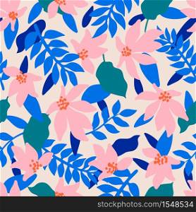 Seamless Floral Pattern. Fashion textile pattern with decorative tropical leaves and coral flowers on cream background. Vector illustration. Seamless Floral Pattern. Fashion textile pattern with decorative tropical leaves and coral flowers on blue background. Vector illustration.