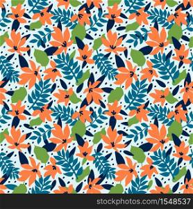 Seamless Floral Pattern. Fashion textile pattern with decorative tropical leaves and coral flowers on blue background. Vector illustration. Seamless Floral Pattern. Fashion textile pattern with decorative tropical leaves and coral flowers on blue background. Vector illustration.