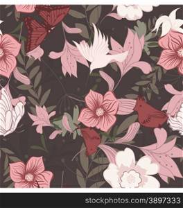 Seamless floral pattern. For easy making seamless pattern just drag all group into swatches bar, and use it for filling any contours. Vector illustration.