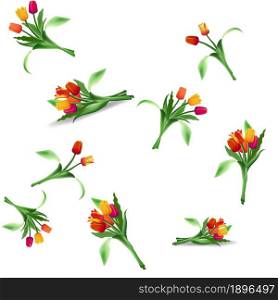 Seamless floral pattern of bouquets of realistic tulips. Blooming bright flowers. Red, yellow and purple buds. Vector.