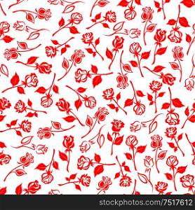 Seamless floral pattern of dainty blooming flowers of red summer roses on white background. May be use as textile print or interior accessories design. Seamless floral pattern of red rose flowers
