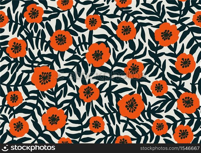 Seamless Floral Pattern. retro style Red poppies pattern with poppy flowers and dark green foliage on beige. Floral seamless background for textile, fabric, covers, wallpapers, print, gift wrap Vector. Seamless Floral Pattern. retro style Red poppies pattern with poppy flowers and dark green foliage on beige. Floral seamless background for textile, fabric, covers, wallpapers, print, gift wrap