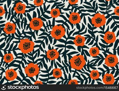 Seamless Floral Pattern. retro style Red poppies pattern with poppy flowers and dark green foliage on beige. Floral seamless background for textile, fabric, covers, wallpapers, print, gift wrap Vector. Seamless Floral Pattern. retro style Red poppies pattern with poppy flowers and dark green foliage on beige. Floral seamless background for textile, fabric, covers, wallpapers, print, gift wrap