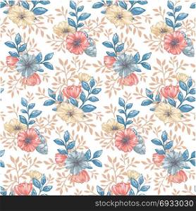 seamless floral pattern. Seamless pattern with gentle florals in pastel colors. Flower wallpaper in romantic retro style for fabric, backdrop, wrappint paper, cover, cards, textile.