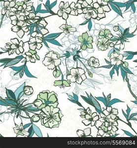 Seamless floral pattern with blossoming cherry or sakura elements vector illustration