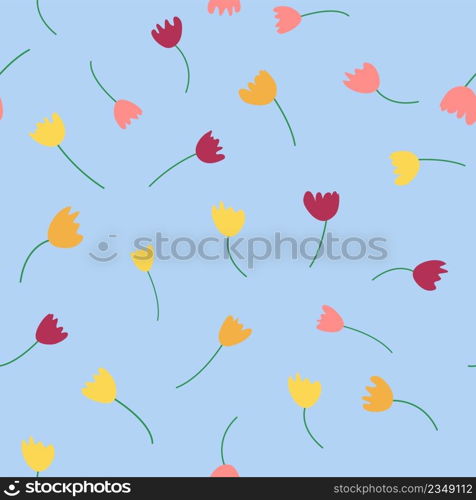 Seamless floral pattern with colorful tulip flowers, leaves and petals. Hand drawn spring flowers for fabric, prints, decoration, invitation cards. Retro from the 1970s. Seamless floral pattern with colorful tulip flowers, leaves and petals. Retro from the 1970s